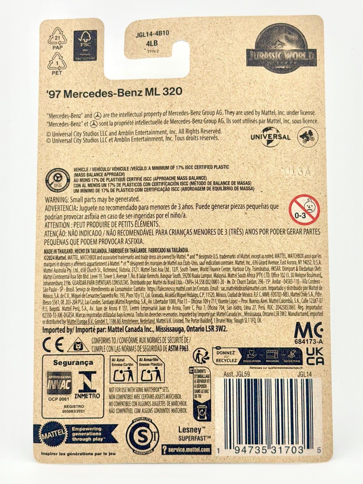 Matchbox 1997 Mercedes-Benz ML320 - Jurassic World Rebirth - Long Card