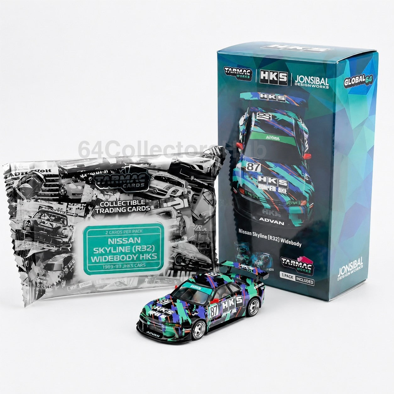 Tarmac Works x Global64 - Nissan Skyline R32 Widebody HKS Livery & Trading Cards