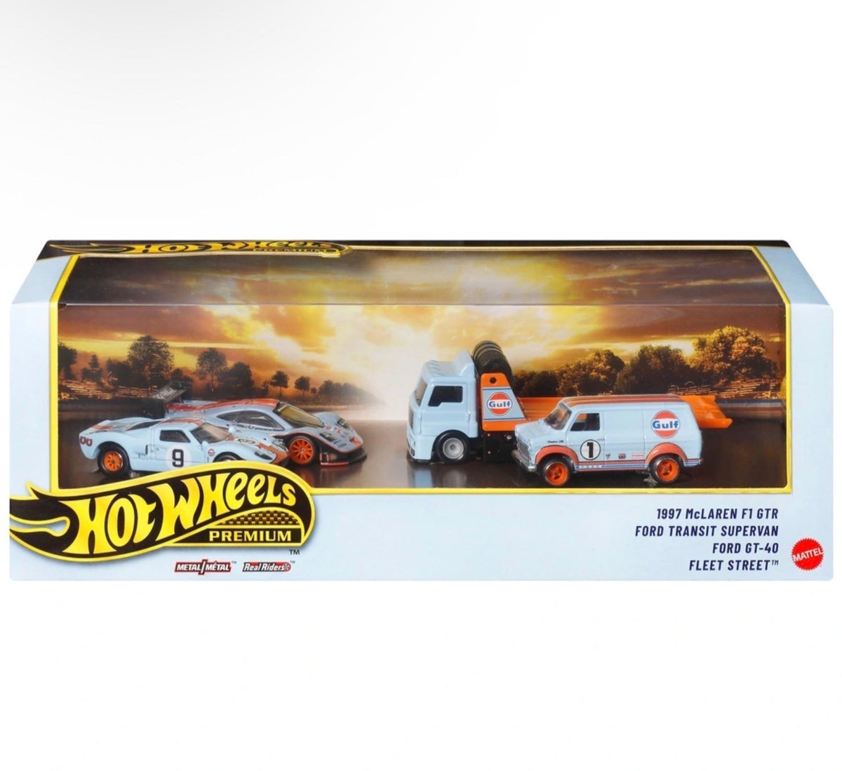 Hot Wheels - Premium Gulf 4 Pack - McLaren F1 GTR / Ford GT40 / Transit